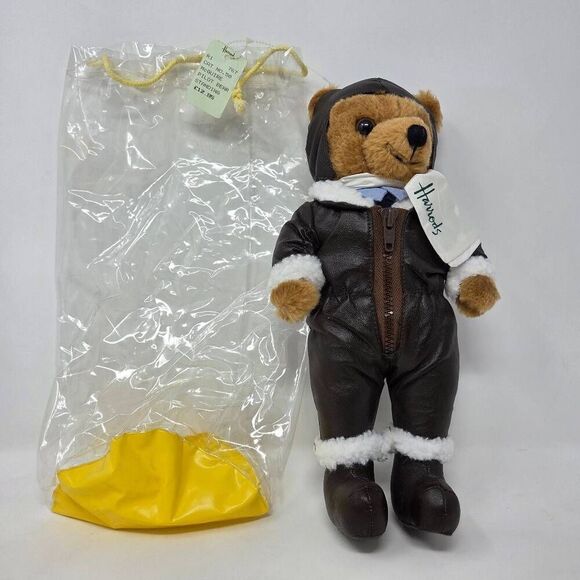 HARRODS AVIATOR MCGUIRE PILOT BEAR IN FAUX LEATHER BOMBER JACKET HAT & SCARF - Picture 1 of 7